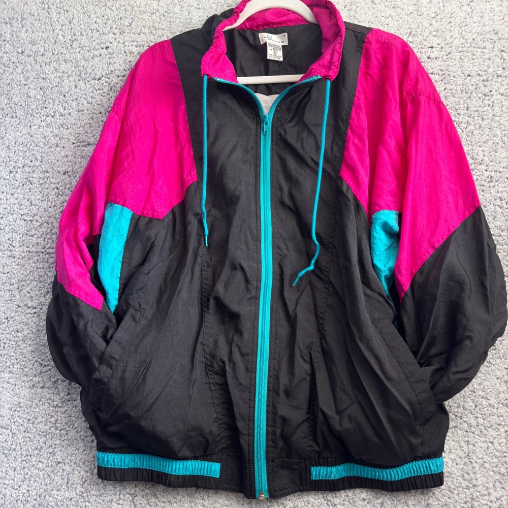Vintage 90s Bocoo Windbreaker XL Neon Pink Teal Black Colorblock Nylon Full Zip
